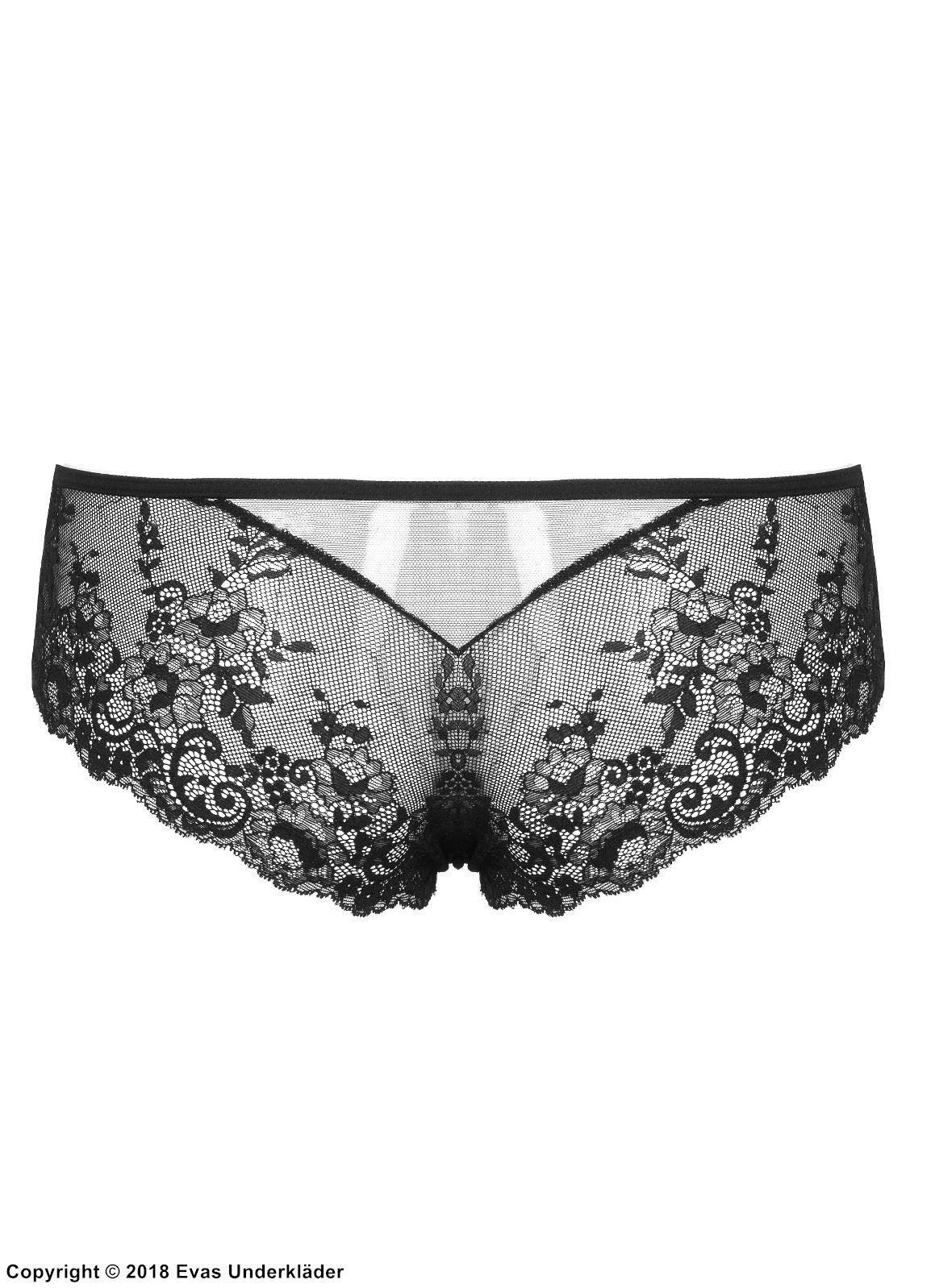 Romantic cheeky panties, sheer mesh, floral lace